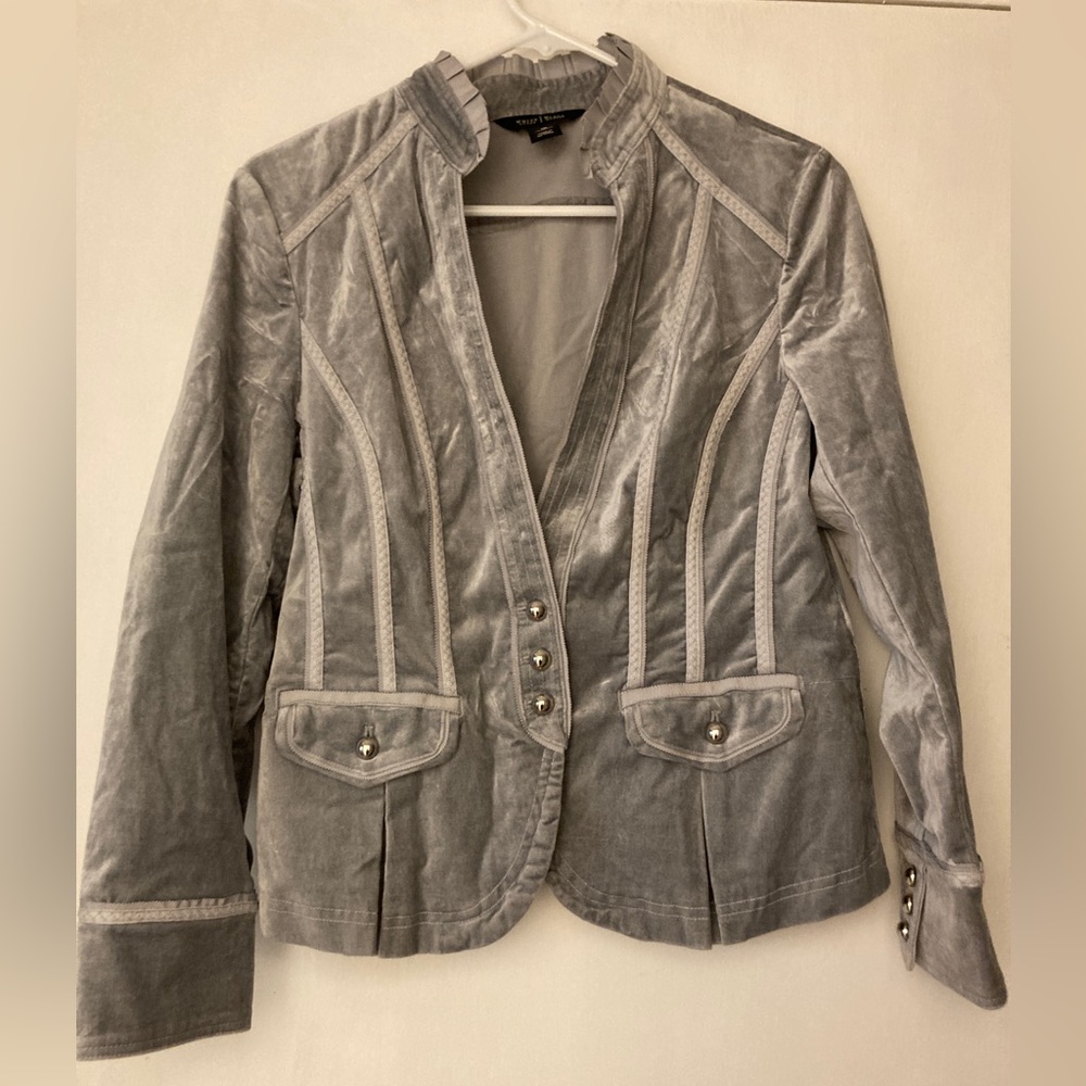White House Black Market gray velvet jacket.